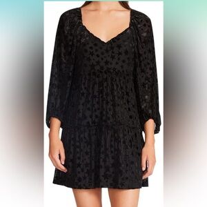 Betsey Johnson Black Velvet Burnout Dress Velvet Stars Babydoll Ruffle Hem S